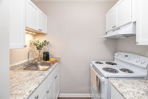 Cincinnati apartment for rent - A kitchen with a white stove and a sink.