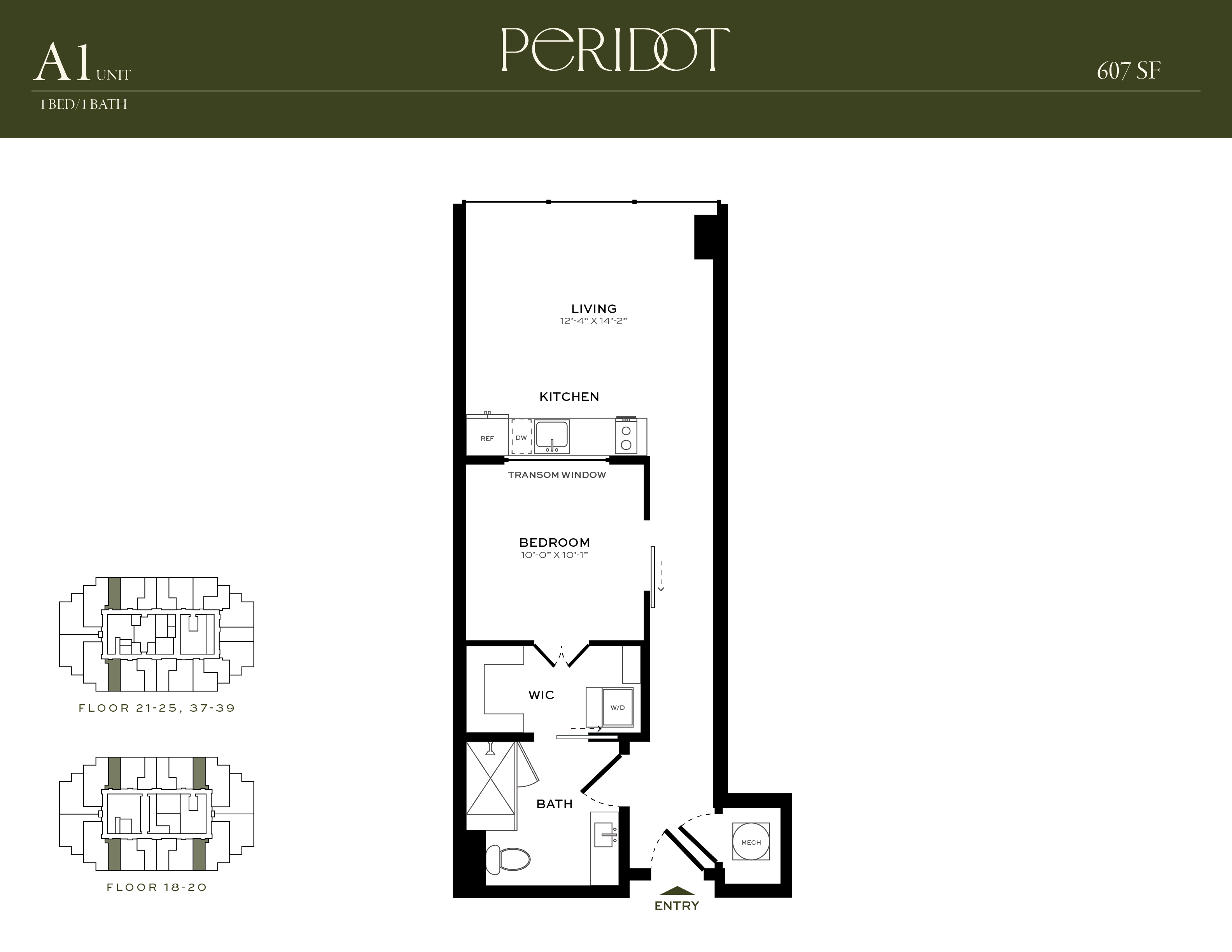 Floor plan for 1 bed, 1 bath, 607 sqft