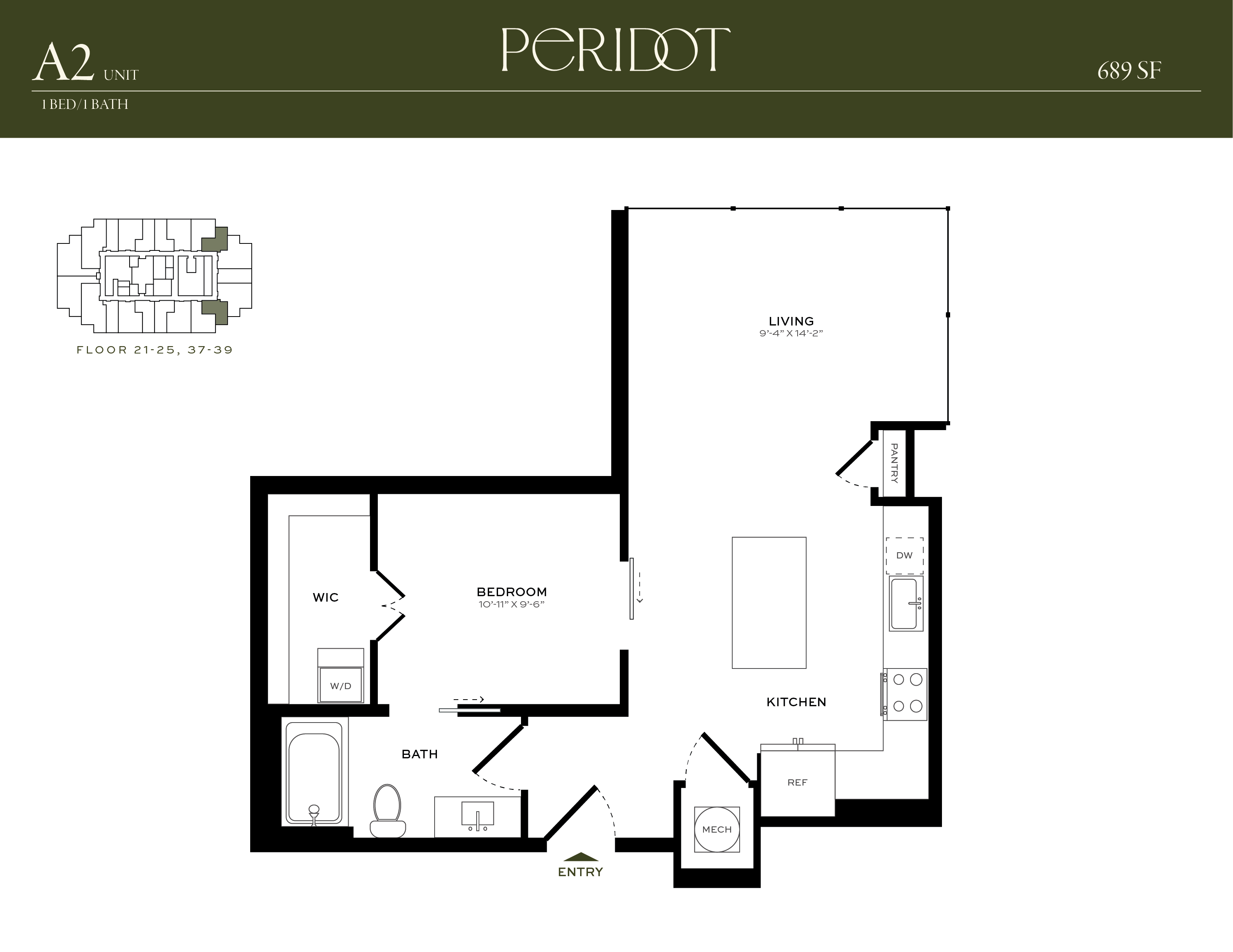 Floor plan for 1 bed, 1 bath, 689 sqft