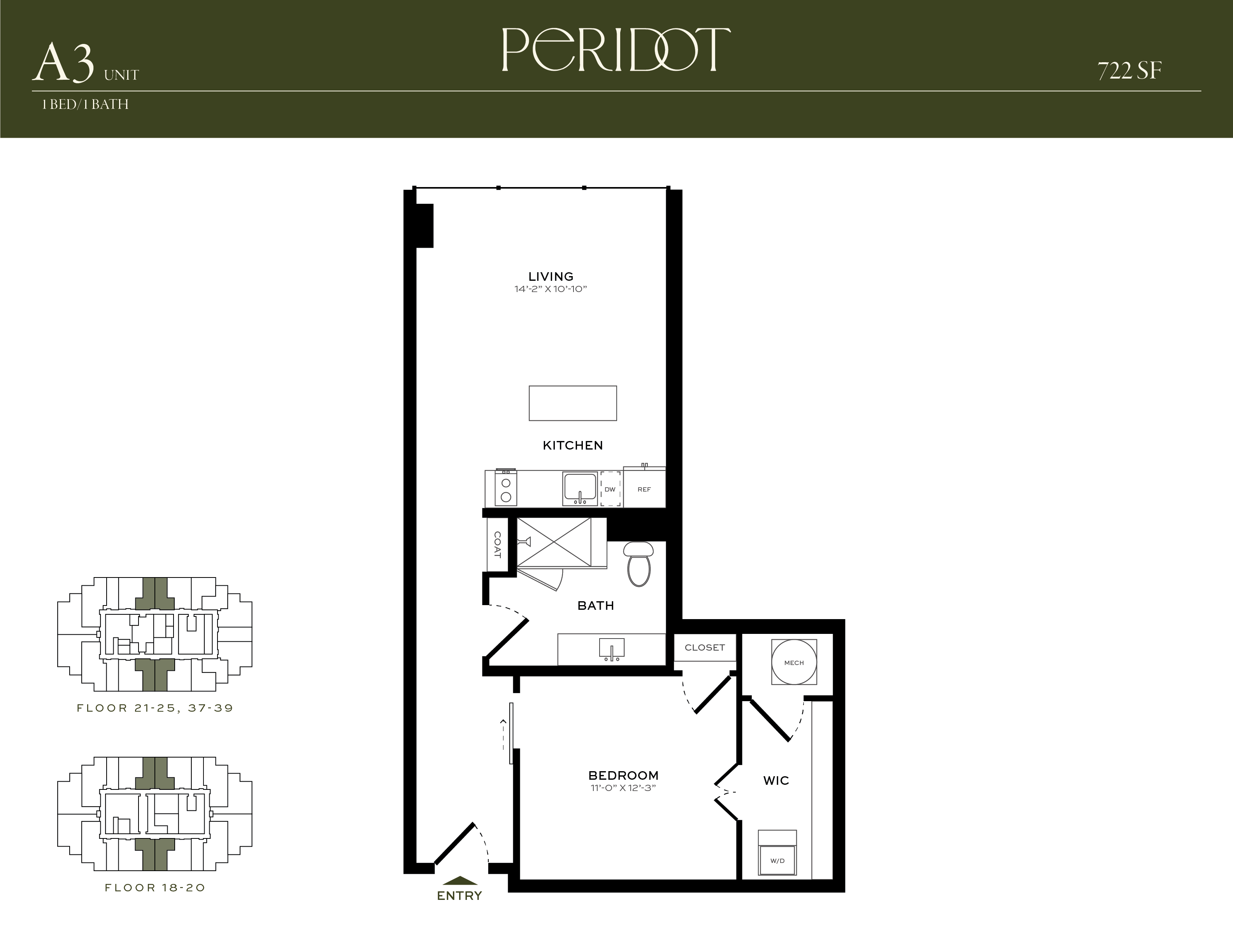 Floor plan for 1 bed, 1 bath, 722 sqft