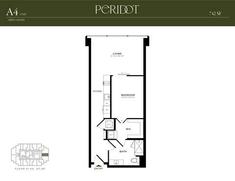 Floor plan for 1 bed, 1 bath, 742 sqft
