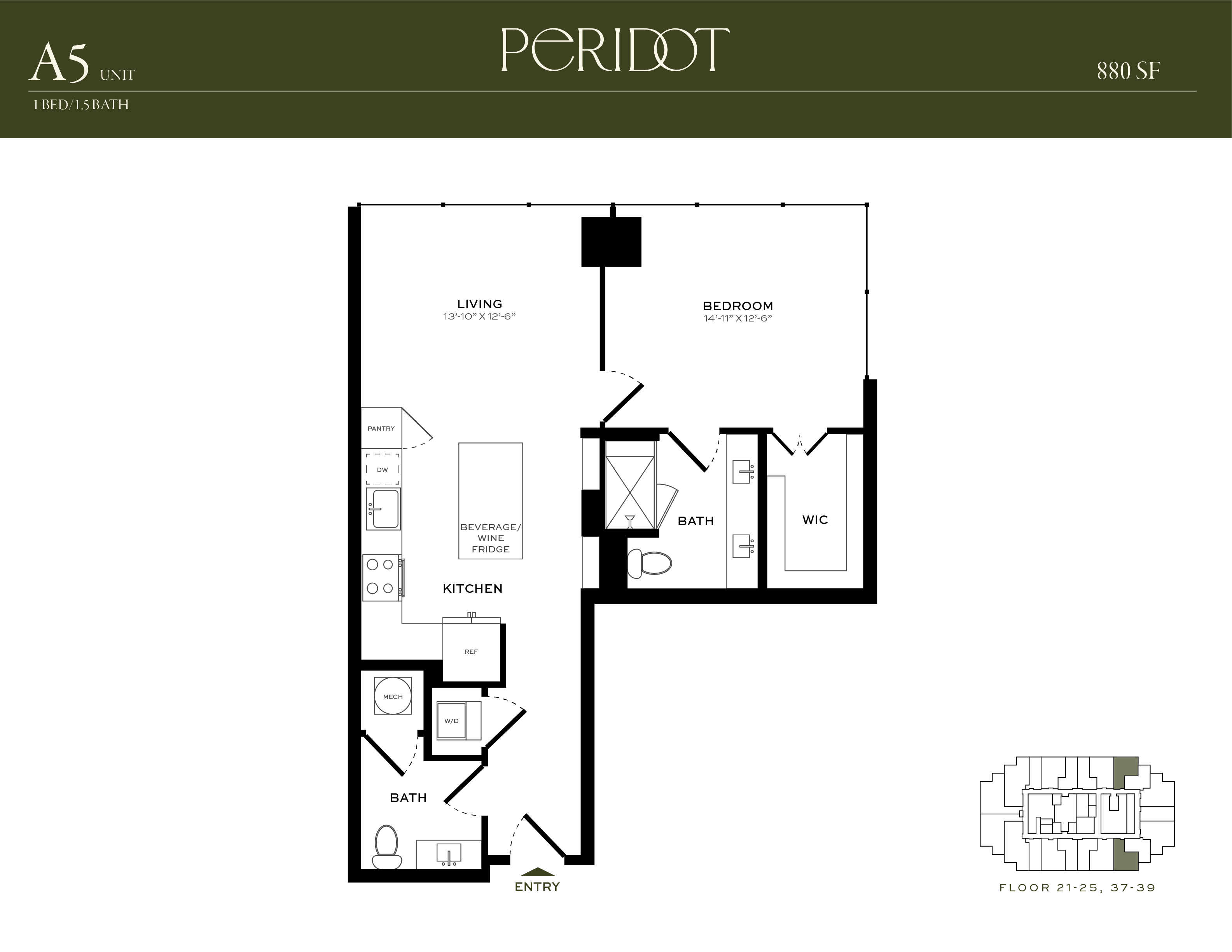 Floor plan for 1 bed, 1.5 baths, 880 sqft
