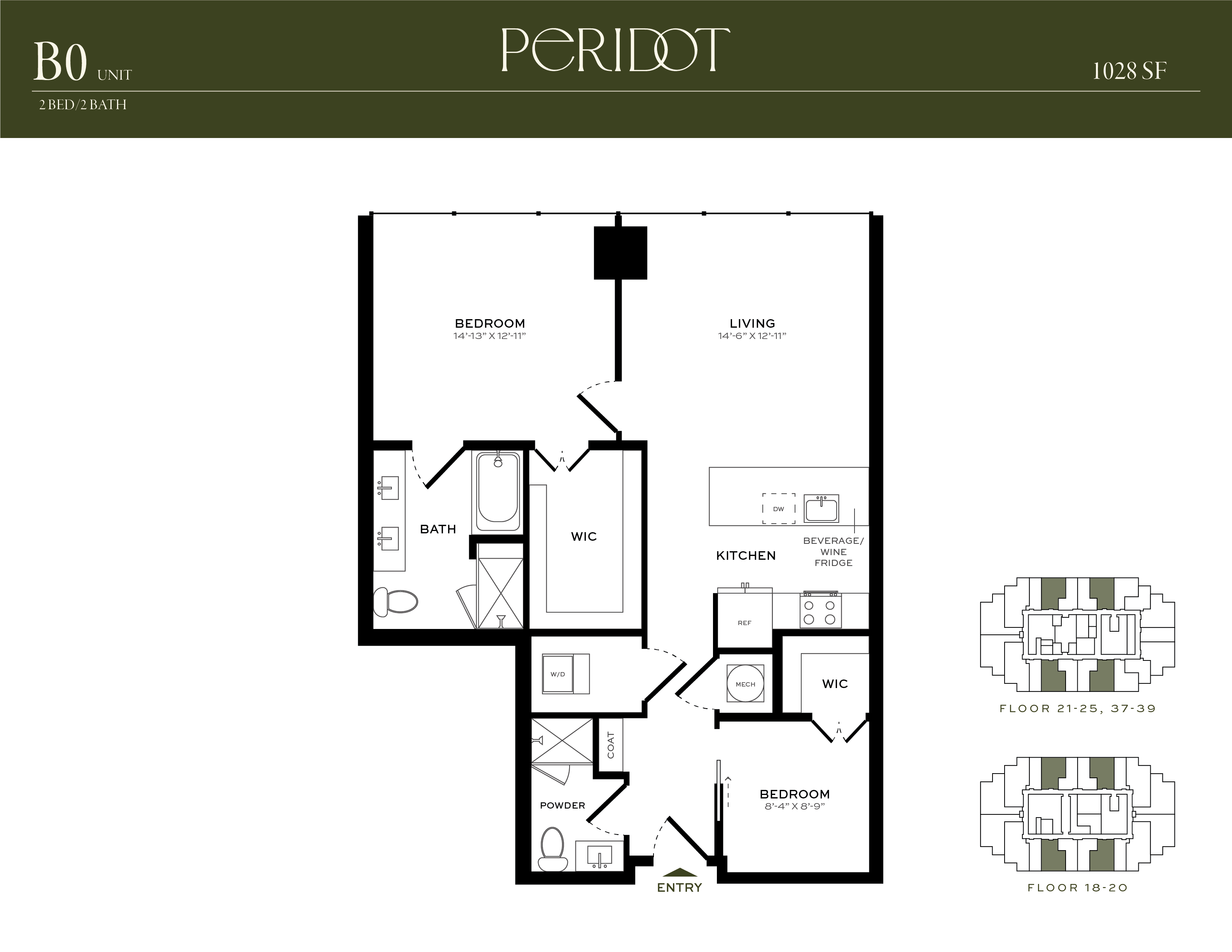 Floor plan for 1 bed, 2 baths, 1028 sqft