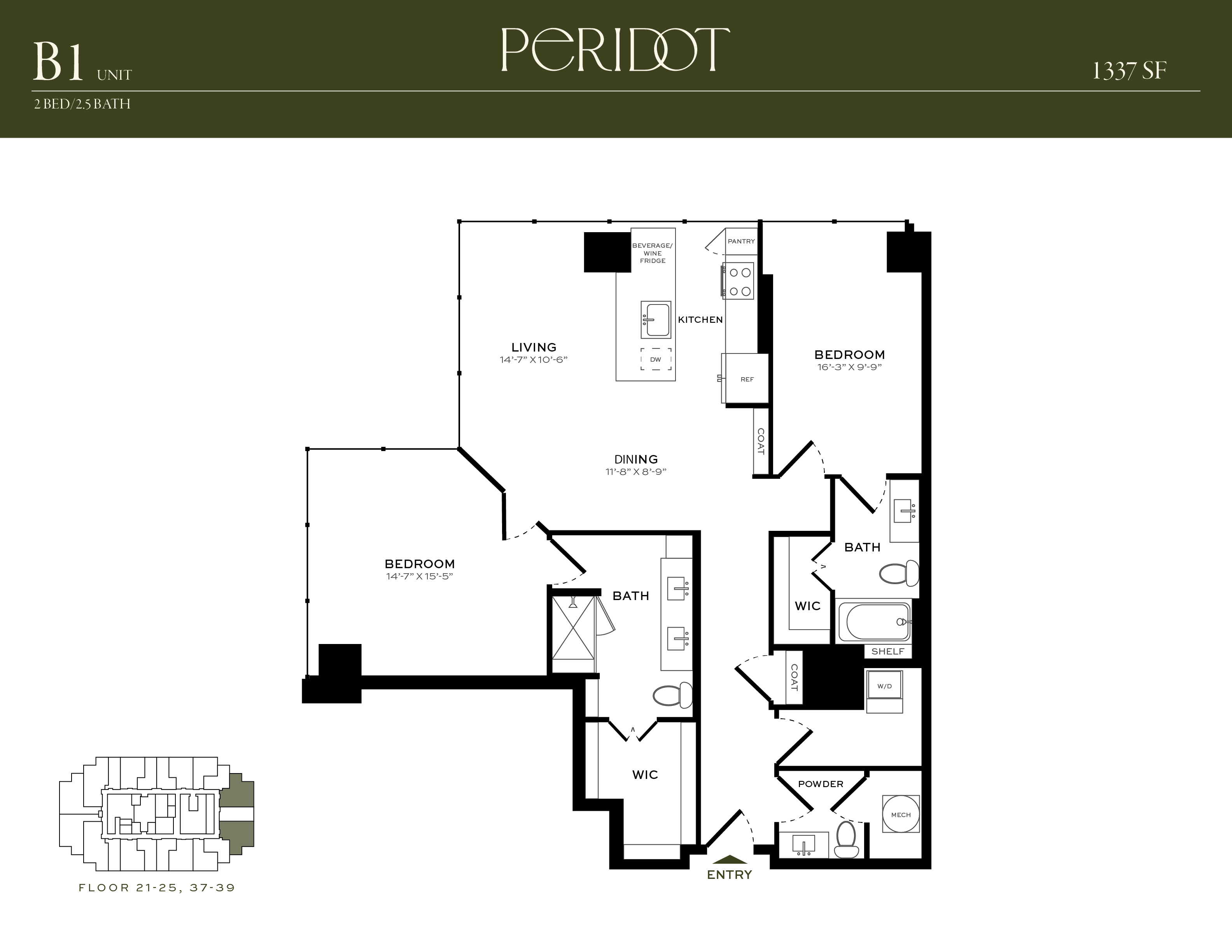 Floor plan for 2 beds, 2.5 baths, 1337 sqft