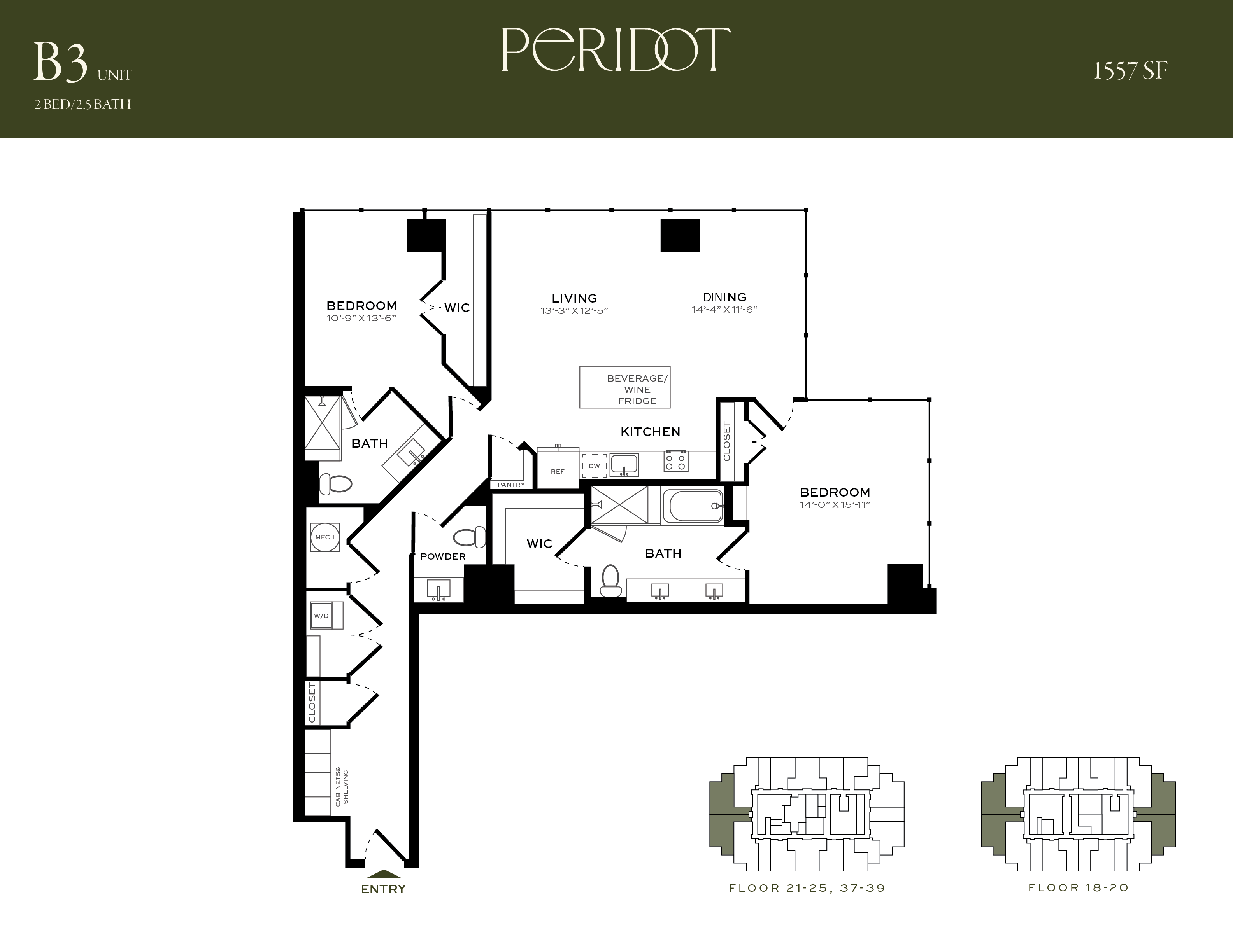 Floor plan for 2 beds, 2.5 baths, 1557 sqft