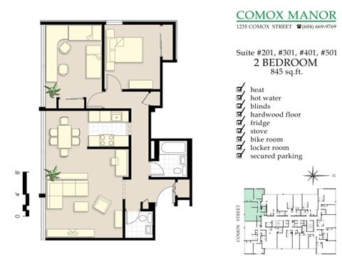 Floor plan for 2 beds, 1.5 baths, 845 sqft