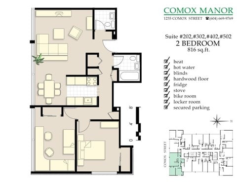 Floor plan for 2 beds, 1.5 baths, 816 sqft