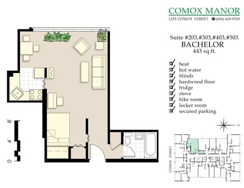 Floor plan for studio, 1 bath, 443 sqft