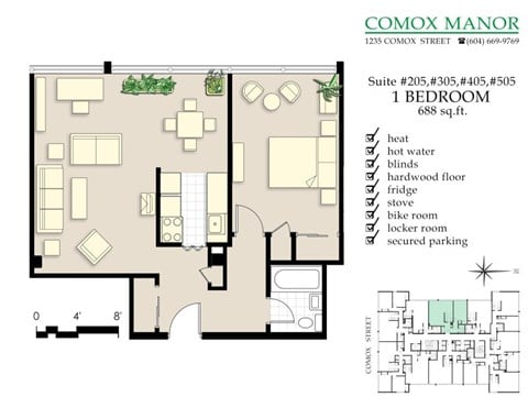 Floor plan for 1 bed, 1 bath, 688 sqft