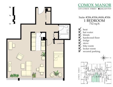 Floor plan for 1 bed, 1 bath, 712 sqft