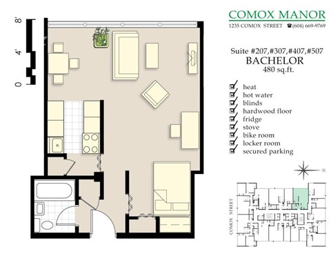 Floor plan for studio, 1 bath, 480 sqft