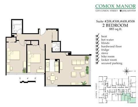 Floor plan for 2 beds, 1.5 baths, 885 sqft