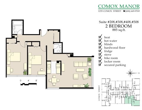 Floor plan for 2 beds, 1.5 baths, 885 sqft
