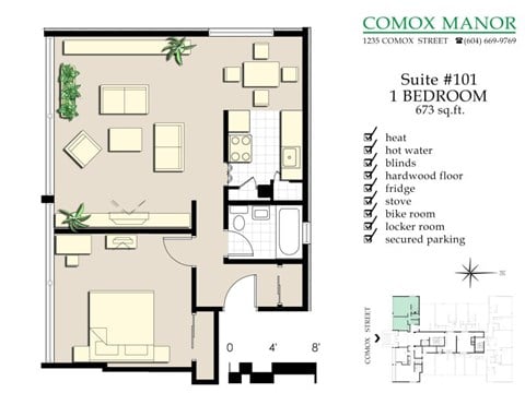 Floor plan for 1 bed, 1 bath, 673 sqft