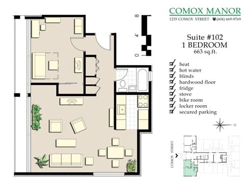 Floor plan for 1 bed, 1 bath, 663 sqft
