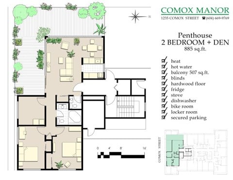 Floor plan for 3 beds, 1.5 baths, 885 sqft