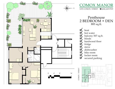 Floor plan for 3 beds, 1.5 baths, 885 sqft