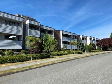 Vancouver apartment for rent - A street view of a residential area with modern buildings and well-maintained greenery.