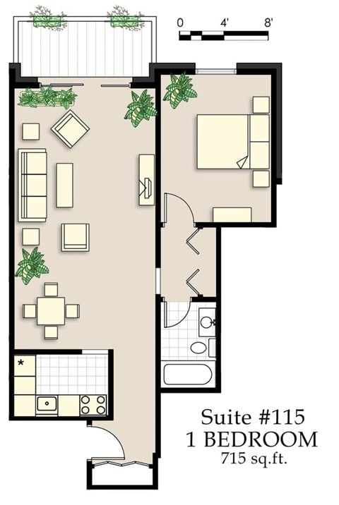 Floor plan for 1 bed, 1 bath, 715 sqft