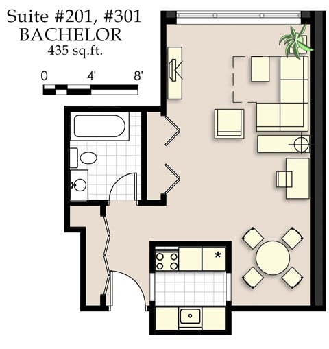 Floor plan for studio, 1 bath, 490 sqft