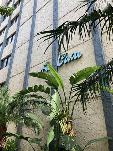 Honolulu apartment for rent - A building with a sign that says "Cafe" is surrounded by green plants.