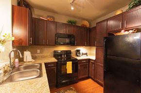 Papillion apartment for rent - a kitchen with black appliances and brown cabinets