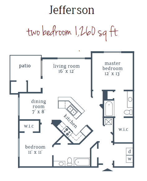 Floor plan for 2 beds, 2 baths, 1260 sqft