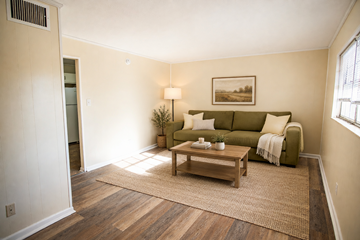 Knoxville apartment for rent - A living room with a green couch and a wooden floor.
