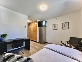 Regina apartment for rent - A bedroom with a bed, desk, and chair.