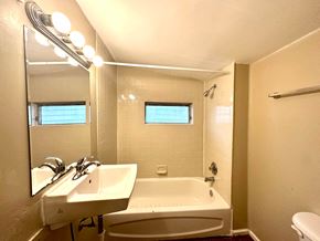 Greenville house for rent - a bathroom with a sink and a bath tub and a mirror