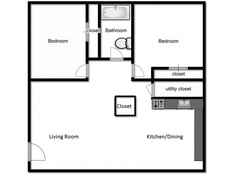 Floor plan for 2 beds, 1 bath, 1000 sqft