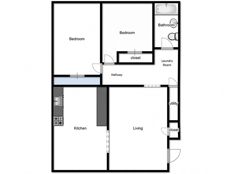Floor plan for 2 beds, 1 bath, 950 sqft