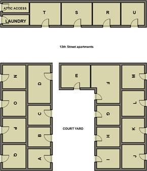 Bartlesville apartment for rent - A diagram of apartment layout with laundry area and court yard.