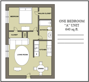 Bartlesville apartment for rent - A floor plan of a one bedroom apartment.