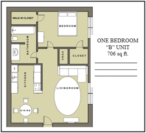 Bartlesville apartment for rent - A floor plan of a one bedroom apartment is shown.