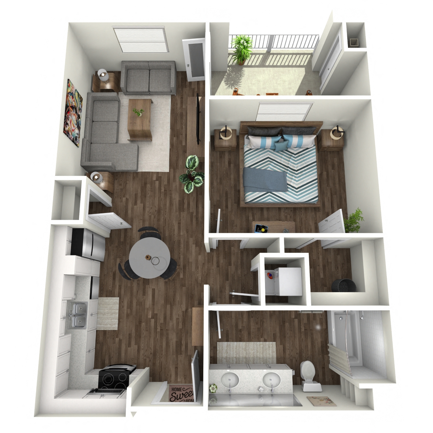 Floor plan for 1 bed, 1 bath, 791 sqft
