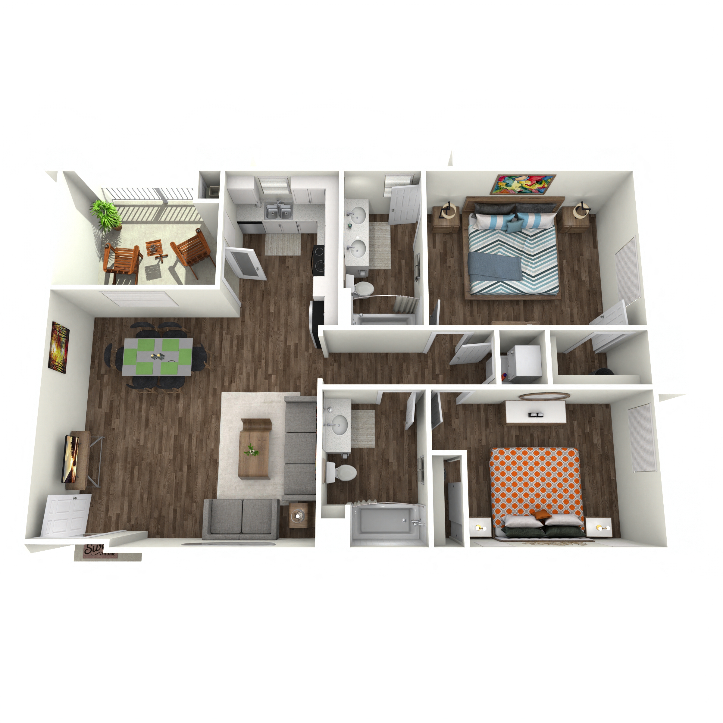 Floor plan for 2 beds, 2 baths, 1072 sqft