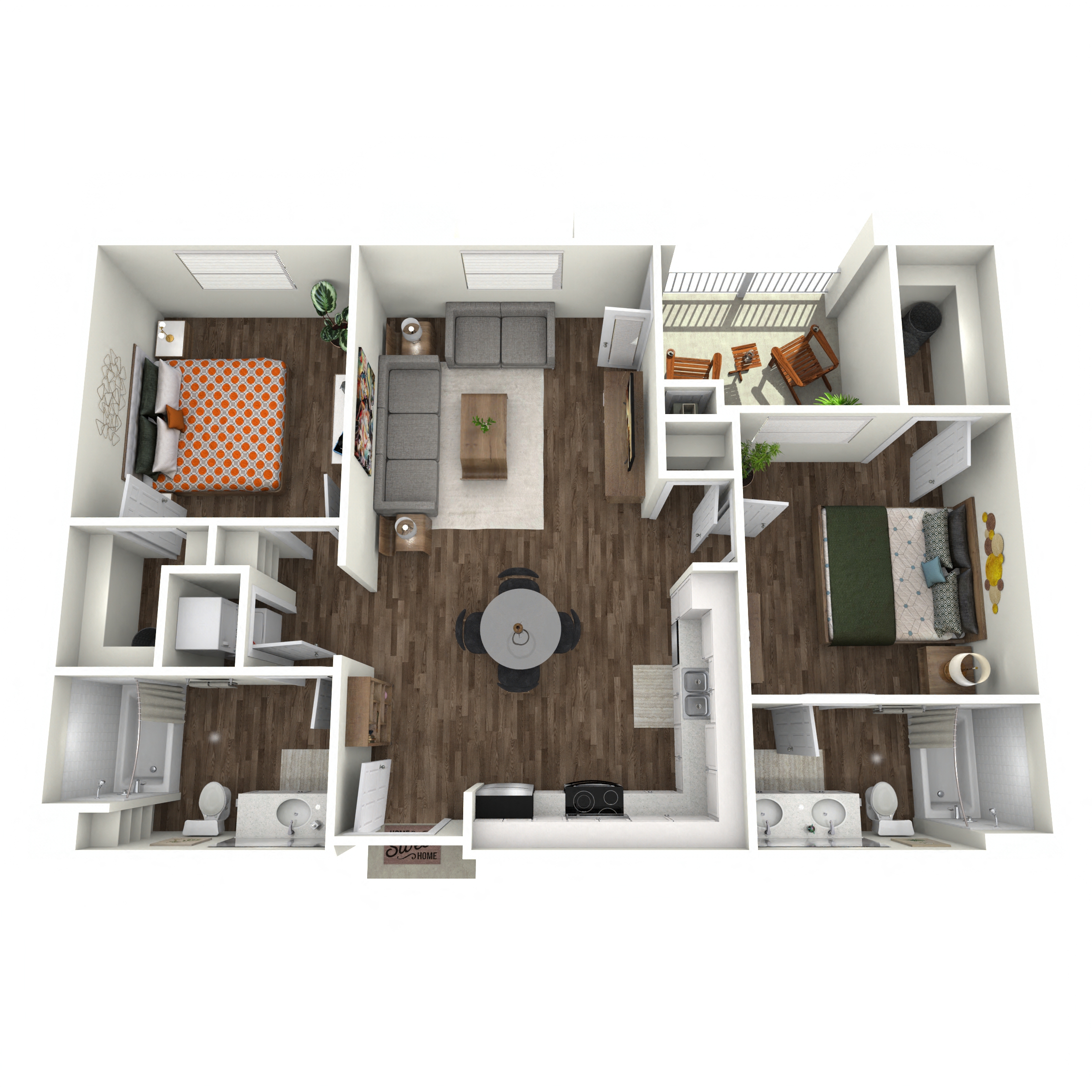 Floor plan for 2 beds, 2 baths, 1075 sqft
