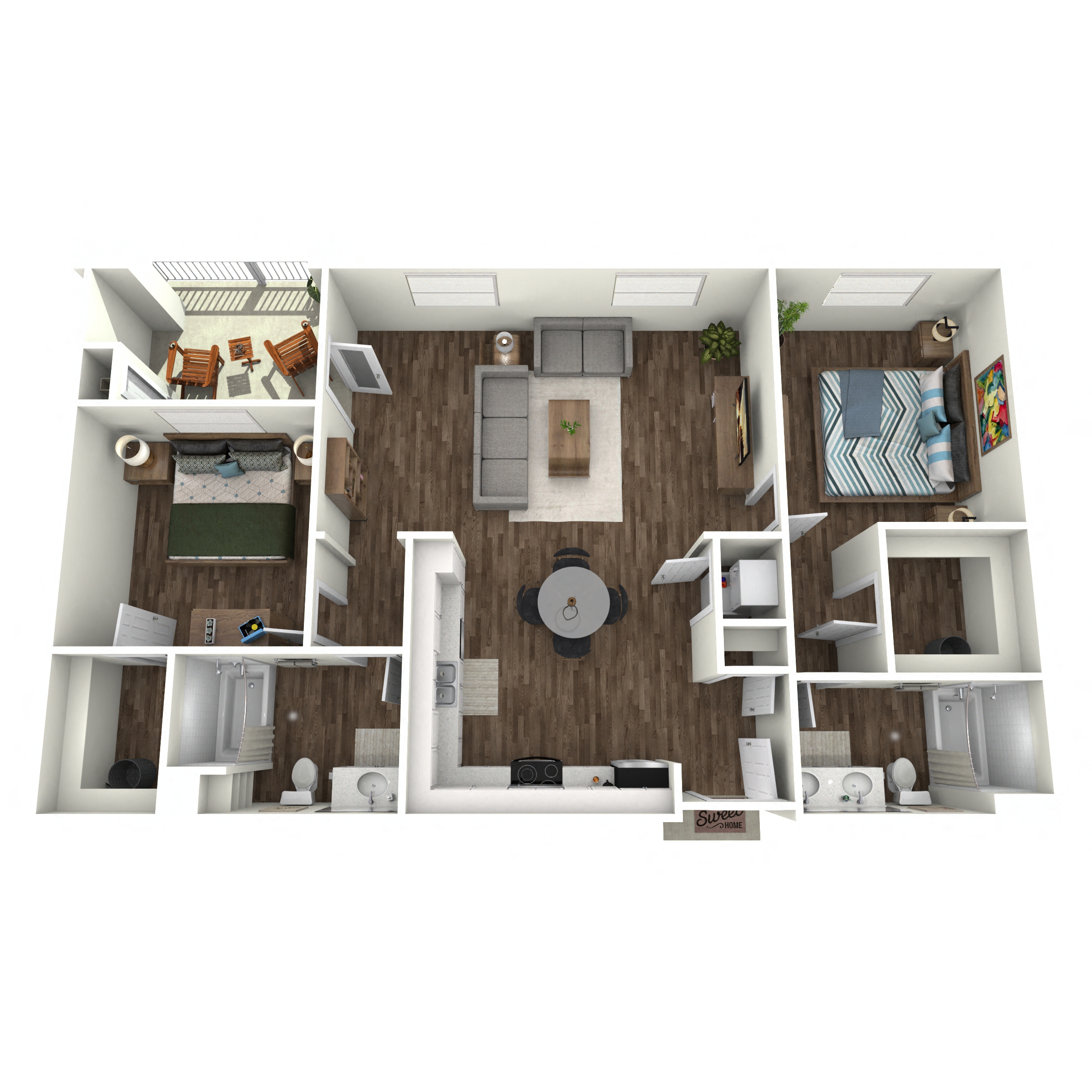 Floor plan for 2 beds, 2 baths, 1191 sqft