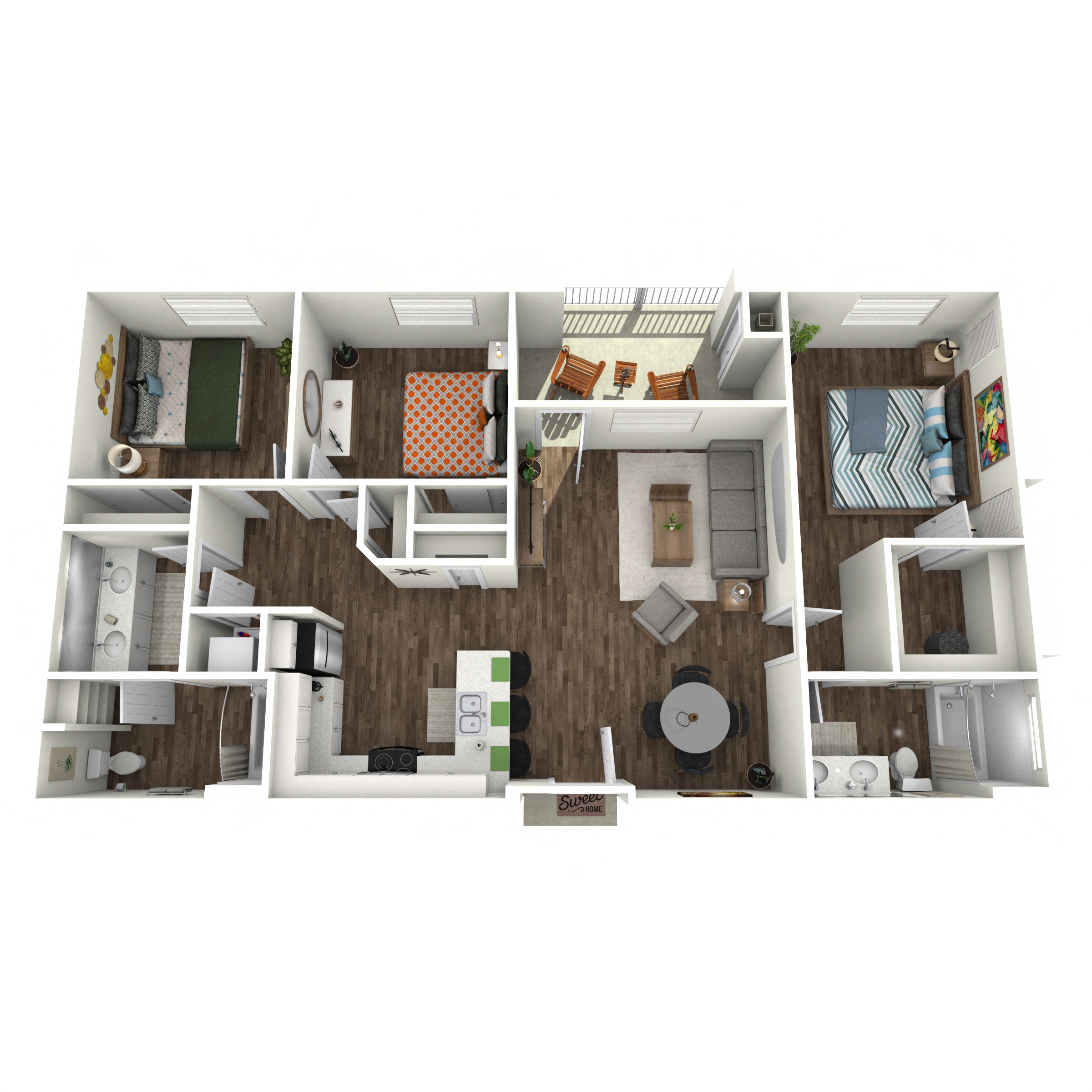 Floor plan for 3 beds, 2 baths, 1256 sqft