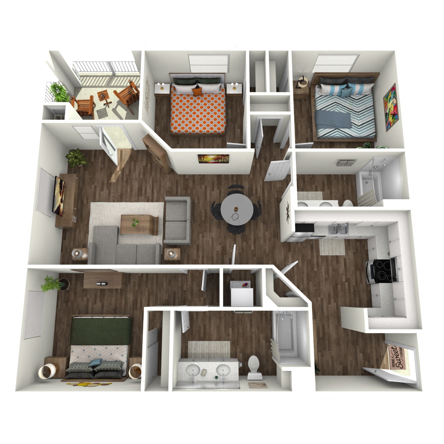 Floor plan for 3 beds, 2 baths, 1280 sqft
