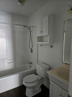 Hattiesburg apartment for rent - A white toilet sits next to a bathtub in a bathroom.