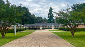Hattiesburg apartment for rent - A long driveway leads to a building surrounded by trees.