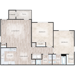 Floor plan for 2 beds, 2 baths, 1050 sqft