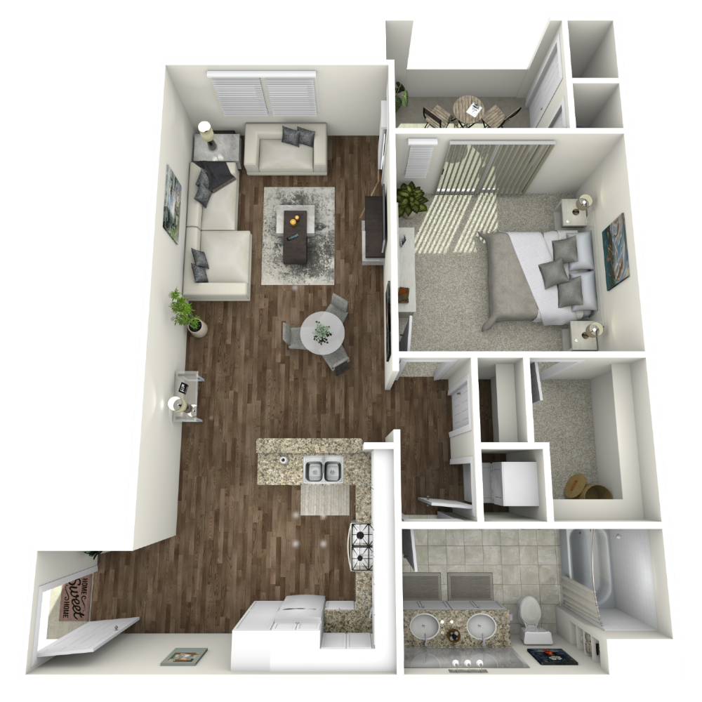 Floor plan for 1 bed, 1 bath, 689 sqft