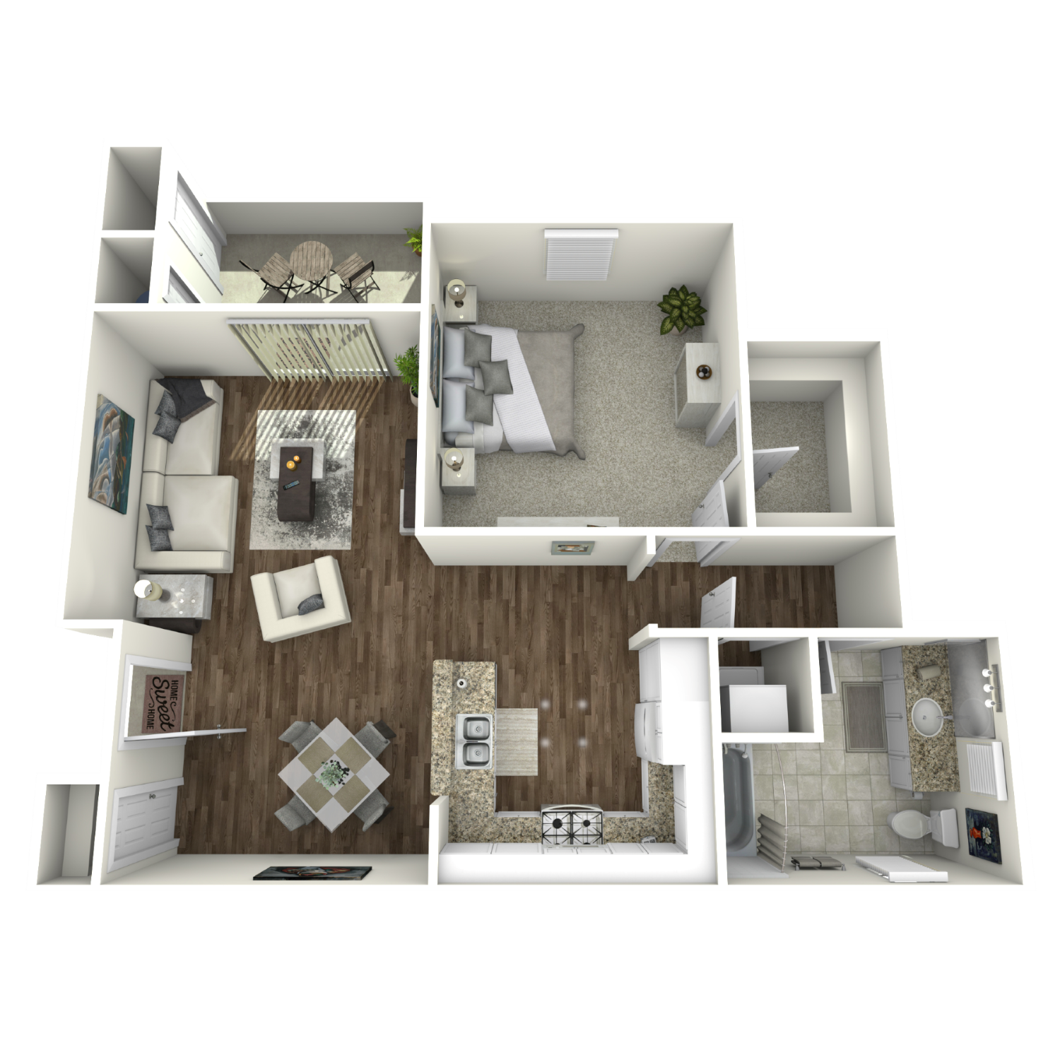 Floor plan for 1 bed, 1 bath, 731 sqft