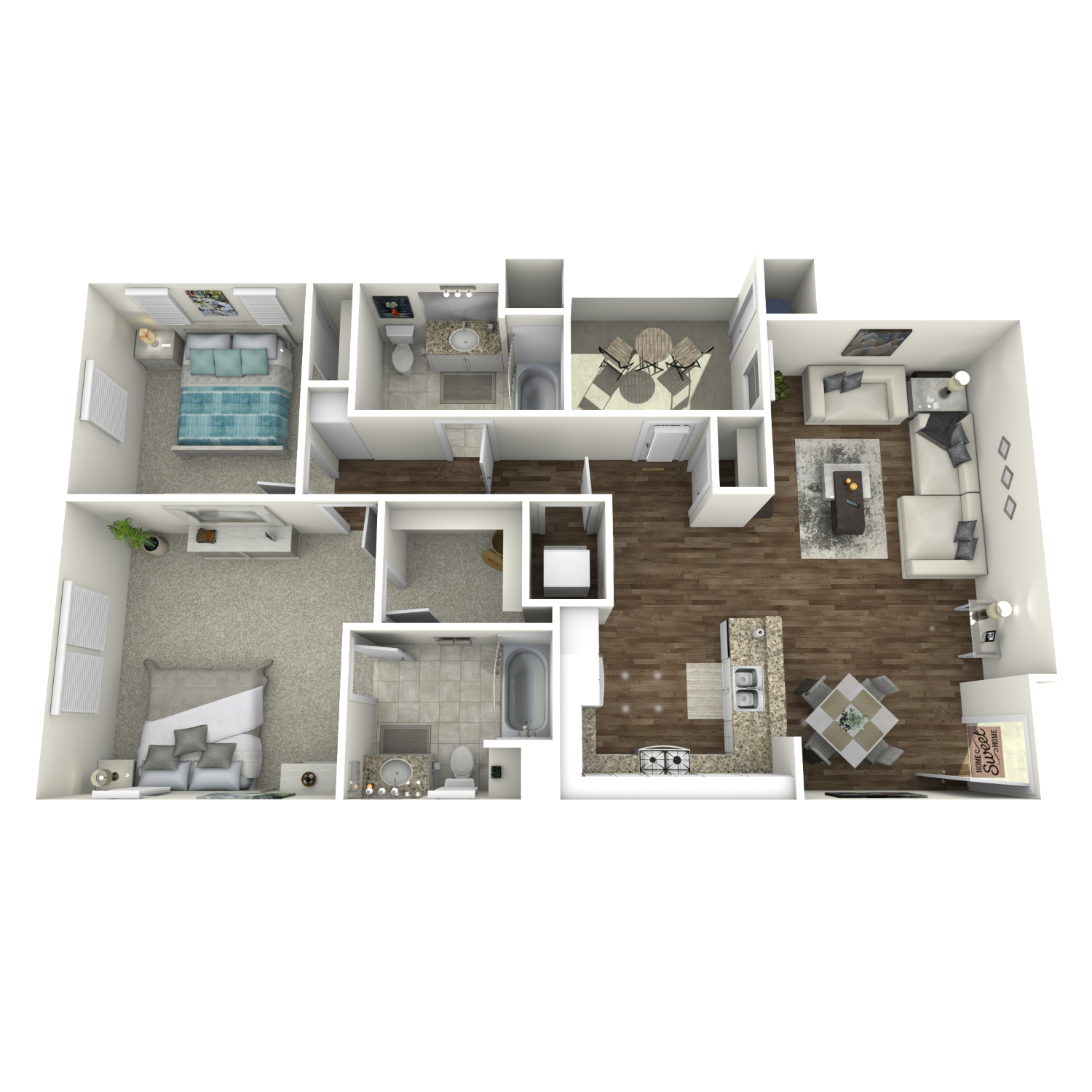 Floor plan for 2 beds, 2 baths, 910 sqft