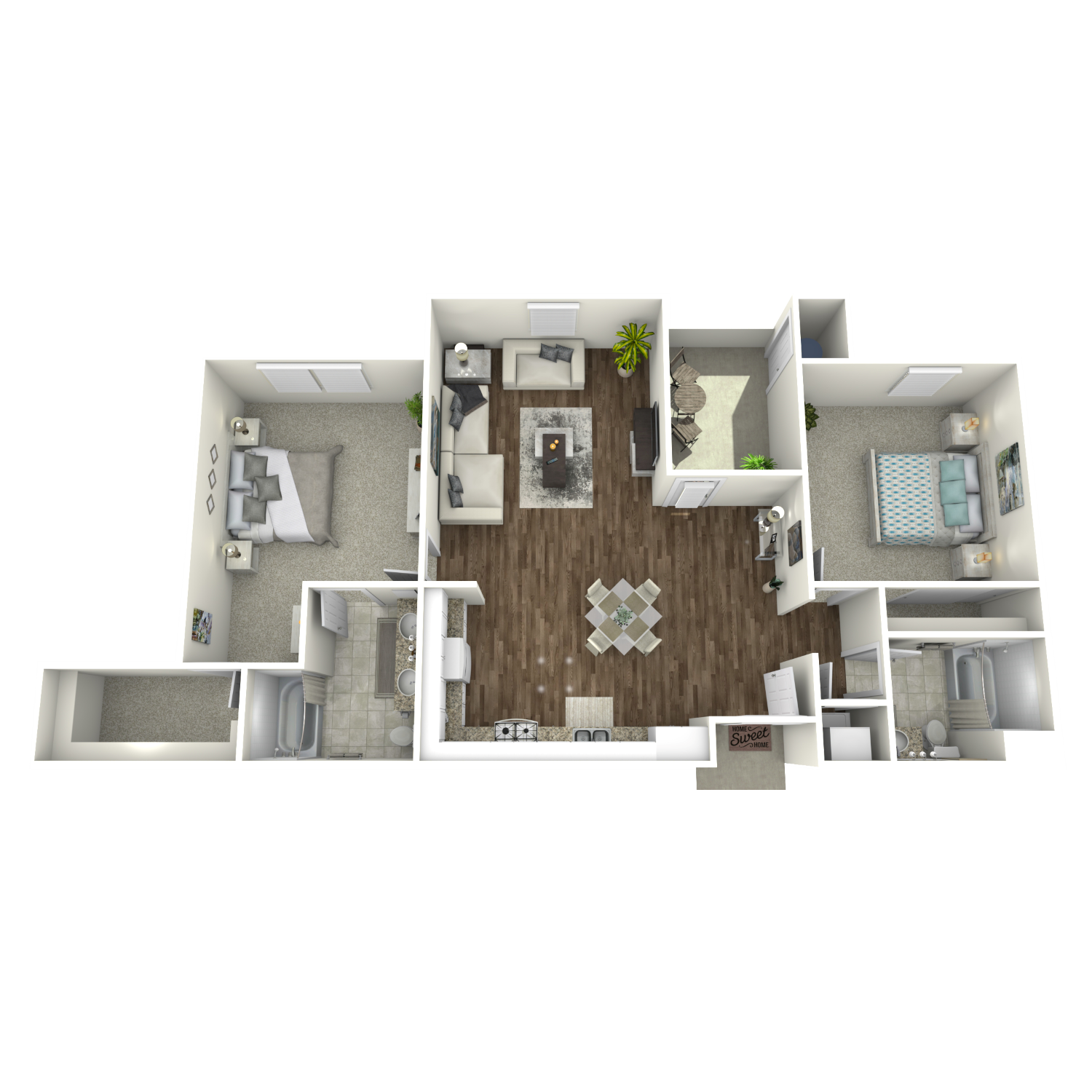 Floor plan for 2 beds, 2 baths, 952 sqft