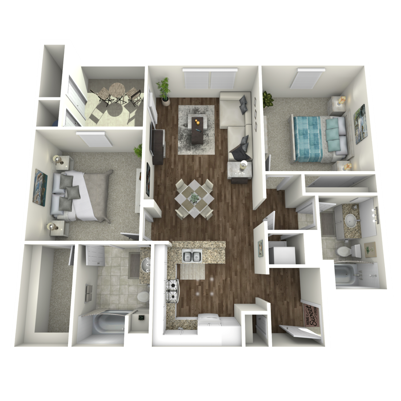 Floor plan for 2 beds, 2 baths, 972 sqft