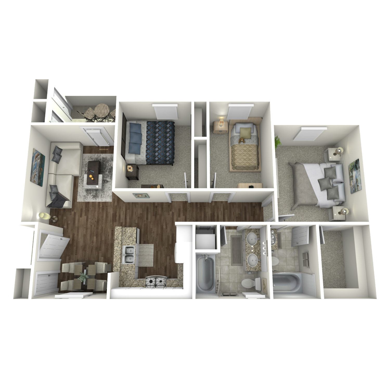 Floor plan for 3 beds, 2 baths, 1115 sqft